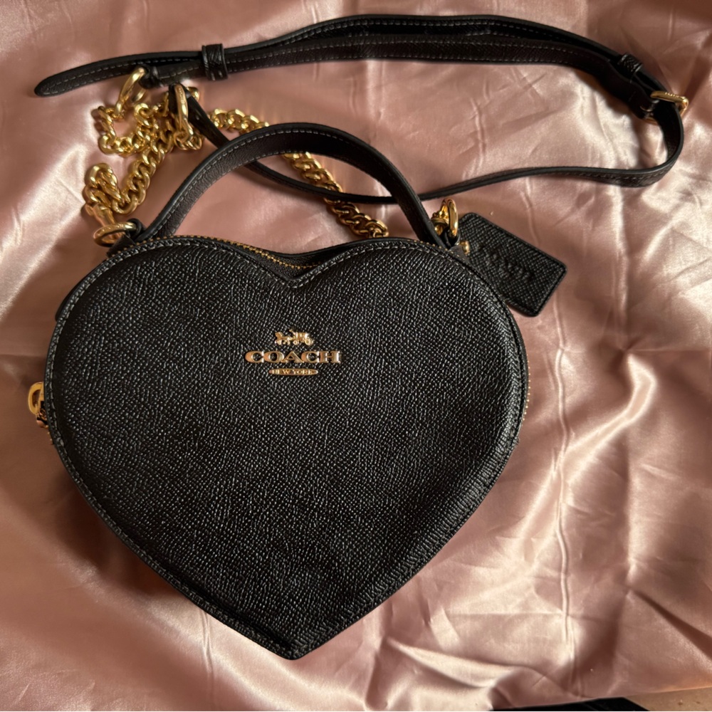 Coach Black Heart-Shaped Crossbody with Gold Chain and Top Handle